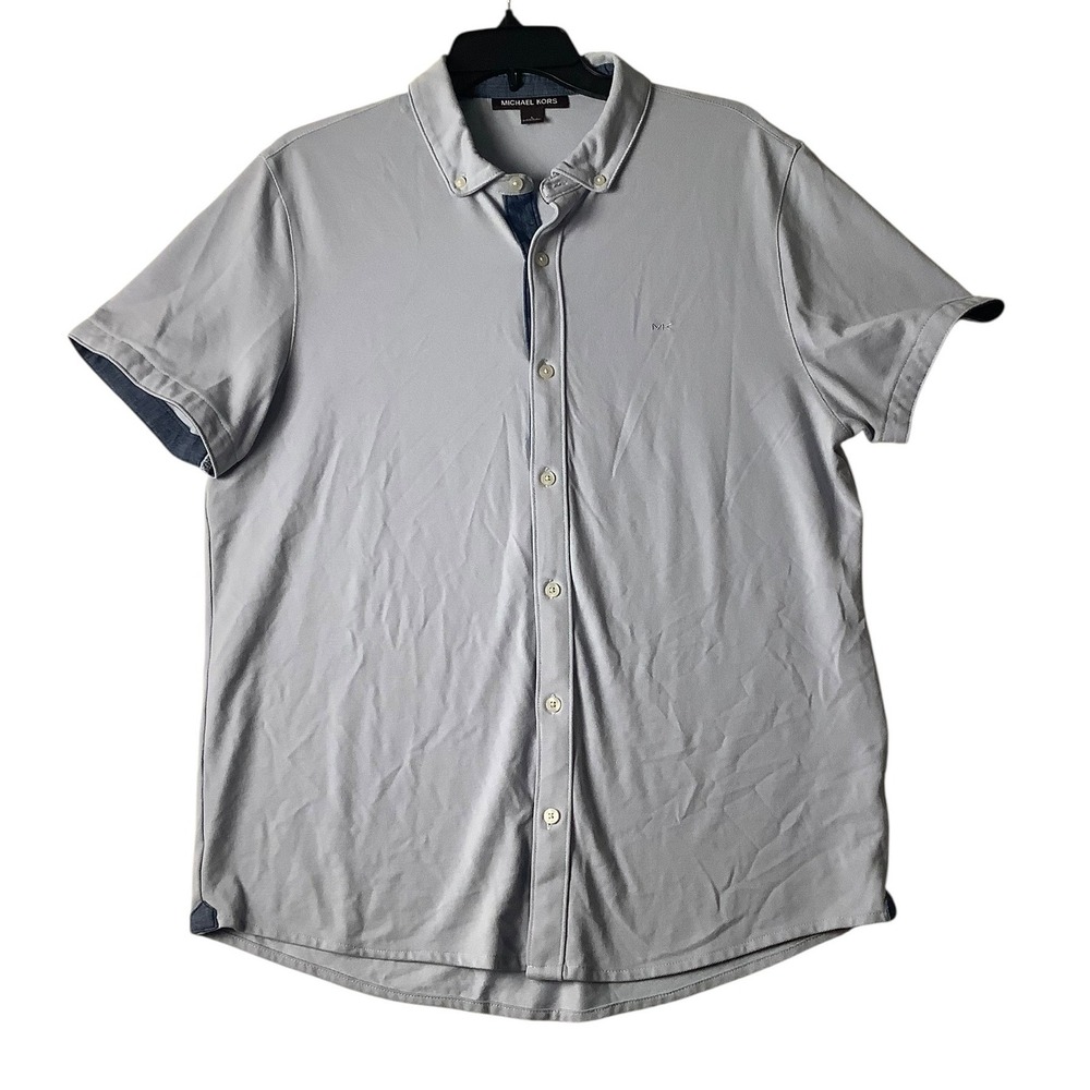 Michael Kors Mens Short Sleeve Button Down Shirt Blue Gray Pique Knit Large